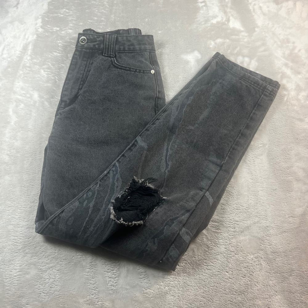 Maniere De Voir Women's 6 Jeans Black/Grey Marble Print Distressed High Rise